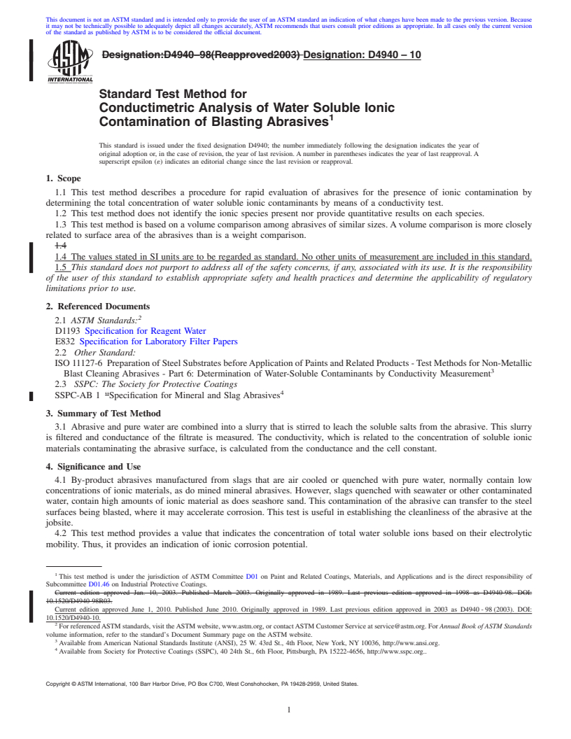 REDLINE ASTM D4940-10 - Standard Test Method for Conductimetric Analysis of Water Soluble Ionic Contamination of Blasting Abrasives