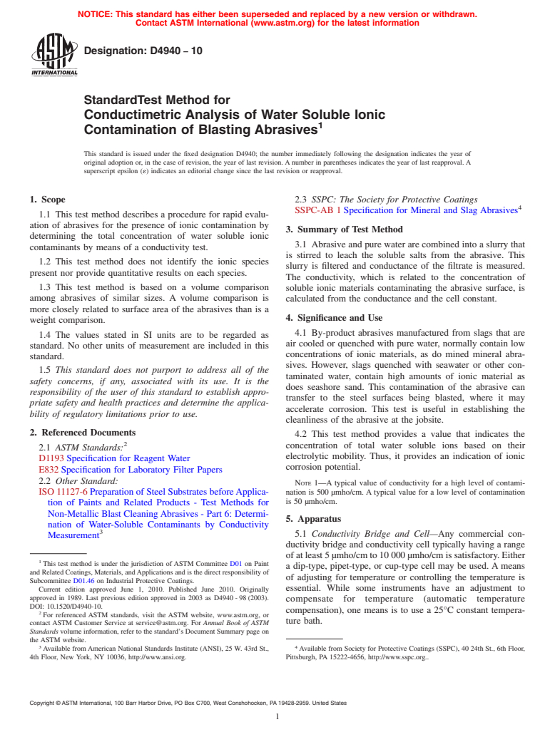 ASTM D4940-10 - Standard Test Method for Conductimetric Analysis of Water Soluble Ionic Contamination of Blasting Abrasives