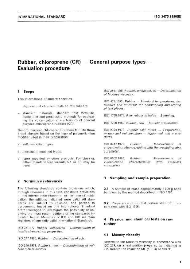ISO 2475:1990 - Rubber, chloroprene (CR) -- General purpose types -- Evaluation procedure