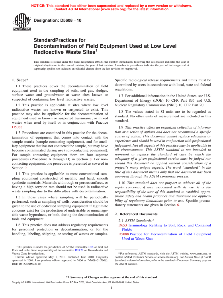 ASTM D5608-10 - Standard Practices for  Decontamination of Field Equipment Used at Low Level Radioactive Waste Sites