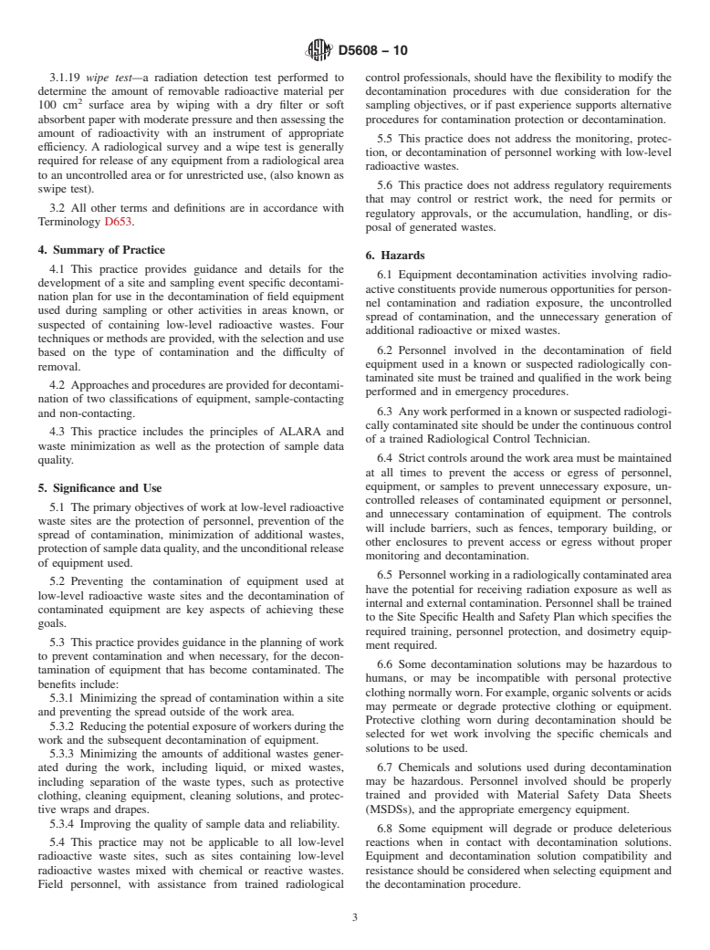 ASTM D5608-10 - Standard Practices for  Decontamination of Field Equipment Used at Low Level Radioactive Waste Sites