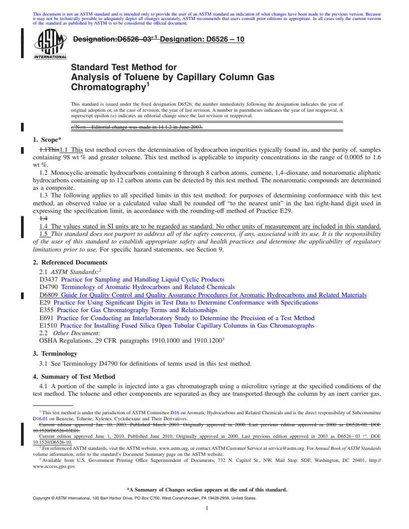 REDLINE ASTM D6526-10 - Standard Test Method for Analysis of Toluene by Capillary Column Gas Chromatography