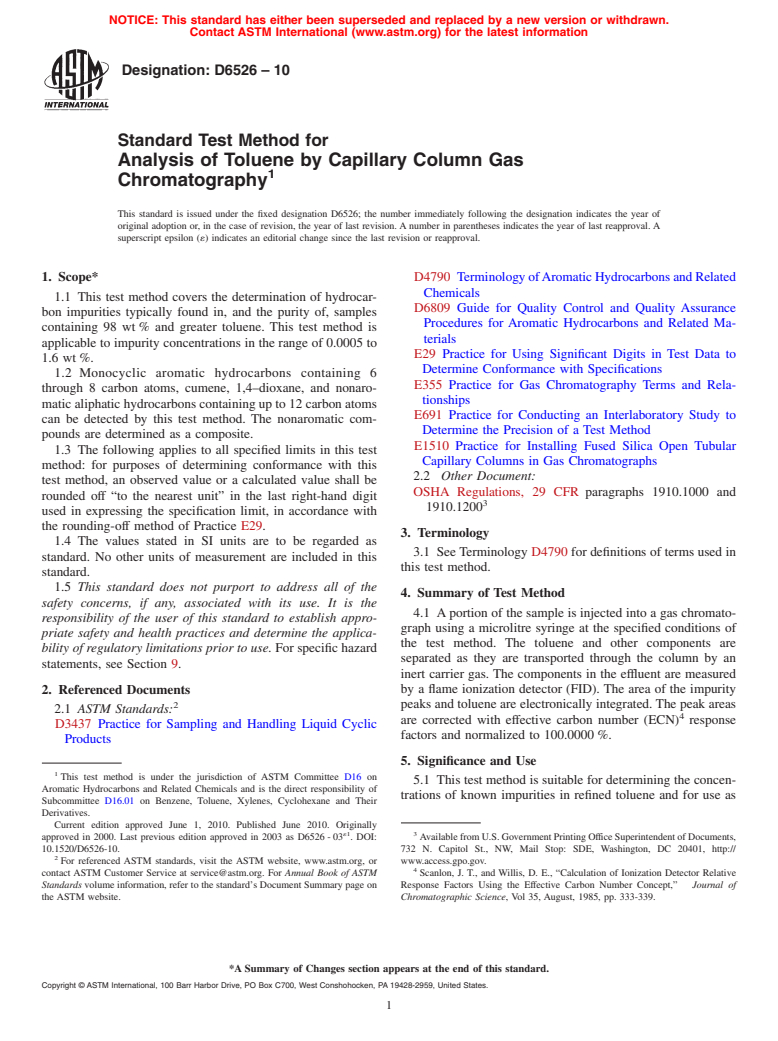 ASTM D6526-10 - Standard Test Method for Analysis of Toluene by Capillary Column Gas Chromatography