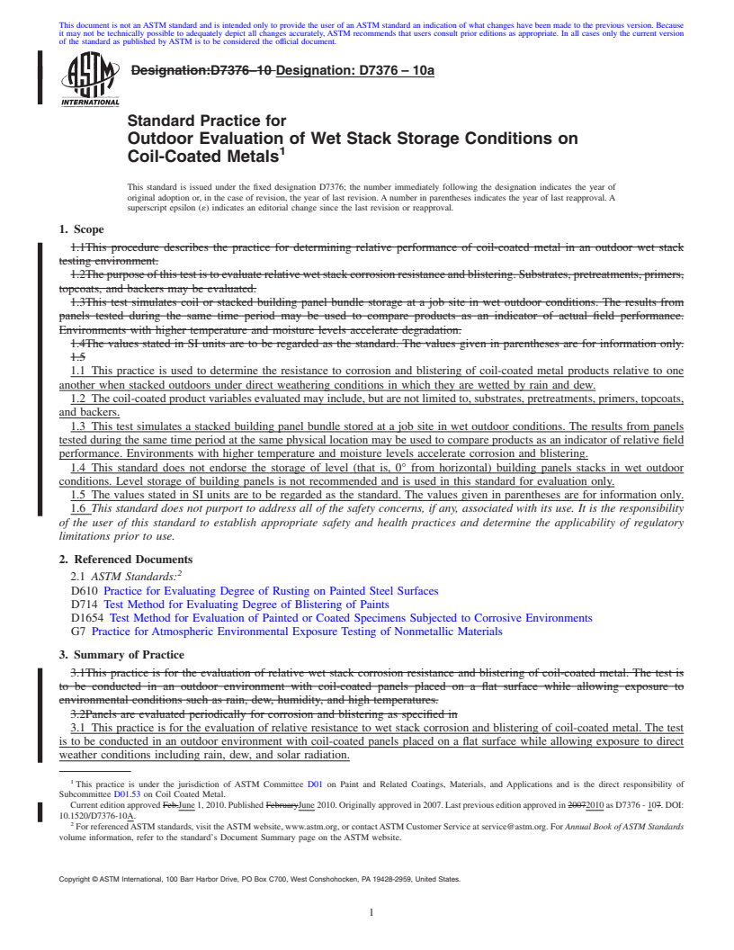 REDLINE ASTM D7376-10a - Standard Practice for Outdoor Evaluation of Wet Stack Storage Conditions on Coil-Coated Metals