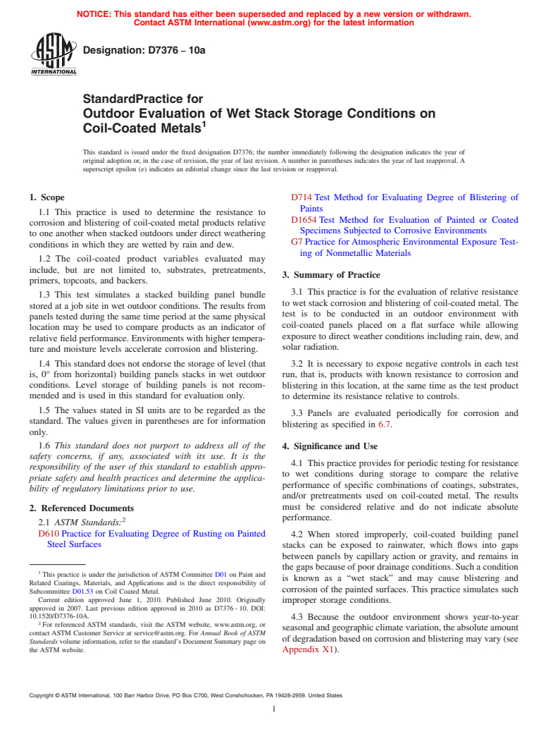 ASTM D7376-10a - Standard Practice for Outdoor Evaluation of Wet Stack Storage Conditions on Coil-Coated Metals