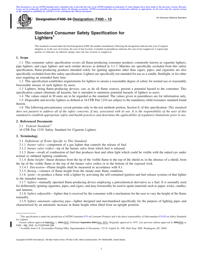 REDLINE ASTM F400-10 - Standard Consumer Safety Specification for Lighters