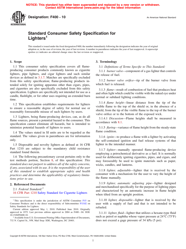 ASTM F400-10 - Standard Consumer Safety Specification for Lighters