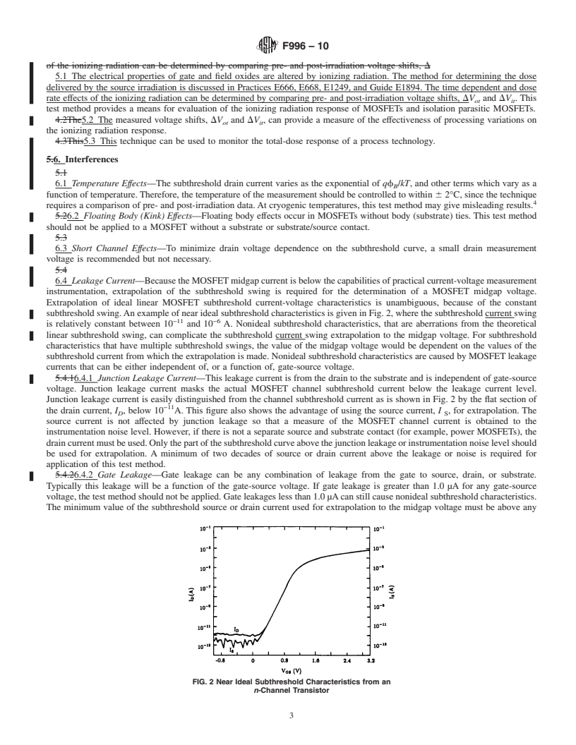 REDLINE ASTM F996-10 - Standard Test Method for Separating an Ionizing Radiation-Induced MOSFET Threshold Voltage Shift Into Components Due to Oxide Trapped Holes and Interface States Using the Subthreshold Current-Voltage Characteristics