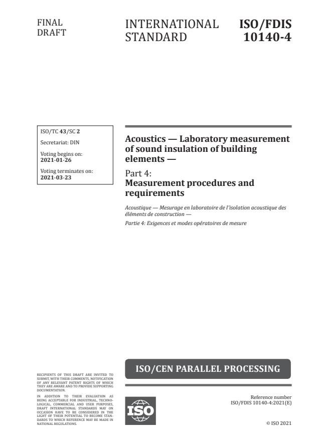 ISO/FDIS 10140-4:Version 22-jan-2021 - Acoustics -- Laboratory measurement of sound insulation of building elements
