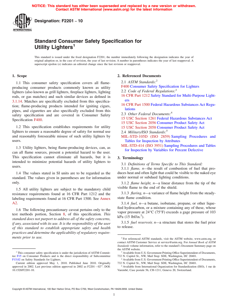 ASTM F2201-10 - Standard Consumer Safety Specification for Utility Lighters