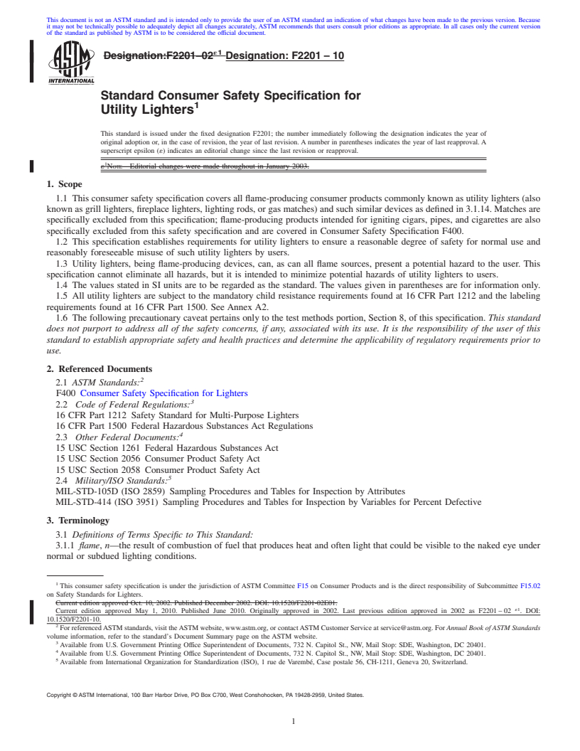 REDLINE ASTM F2201-10 - Standard Consumer Safety Specification for Utility Lighters