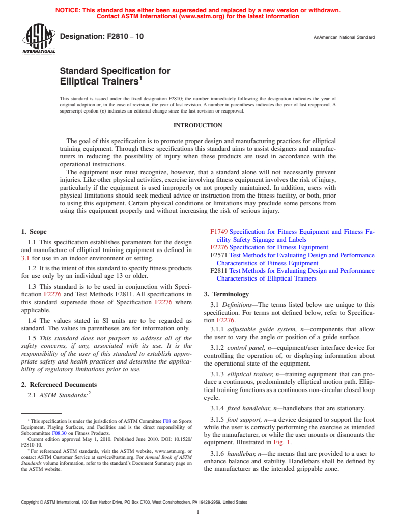 ASTM F2810-10 - Standard Specification for Elliptical Trainers