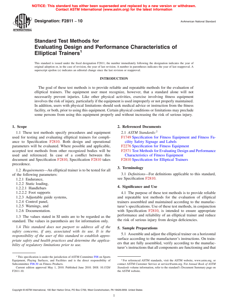 ASTM F2811-10 - Standard Test Methods for Evaluating Design and Performance Characteristics of Elliptical Trainers