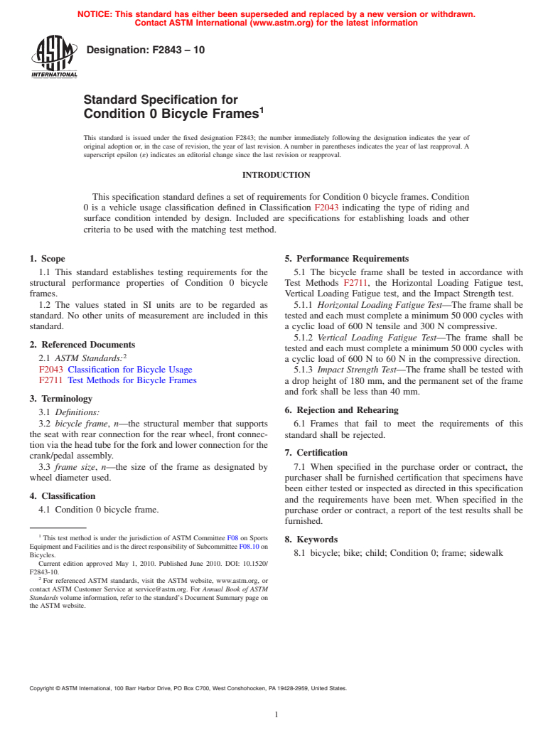 ASTM F2843-10 - Standard Specification for Condition 0 Bicycle Frames