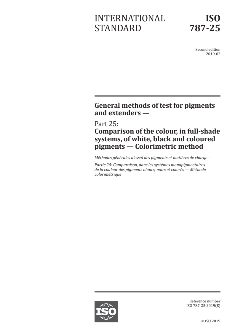 ISO 787-25:2019 - General methods of test for pigments and extenders — Part 25: Comparison of the colour, in full-shade systems, of white, black and coloured pigments — Colorimetric method
Released:7. 02. 2019