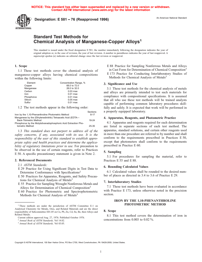 ASTM E581-76(1996) - Standard Test Methods for Chemical Analysis of Manganese-Copper Alloys