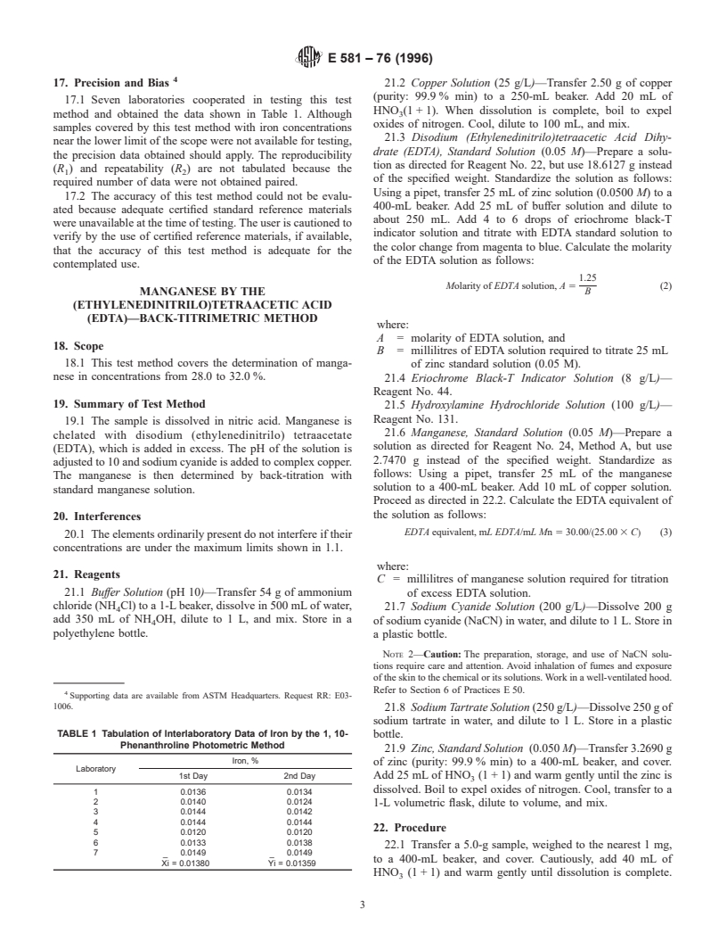 ASTM E581-76(1996) - Standard Test Methods for Chemical Analysis of Manganese-Copper Alloys