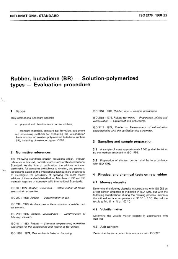 ISO 2476:1988 - Rubber, butadiene (BR) -- Solution-polymerized types -- Evaluation procedure