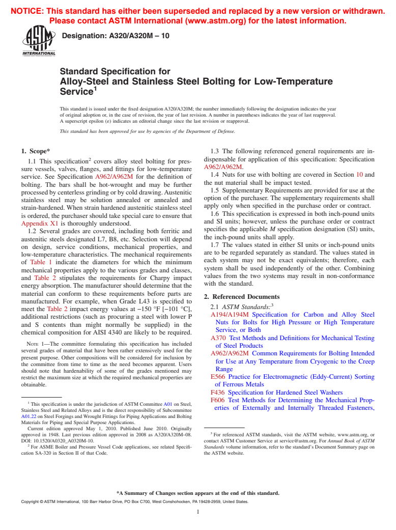 ASTM A320/A320M-10 - Standard Specification for  Alloy-Steel and Stainless Steel Bolting for Low-Temperature Service