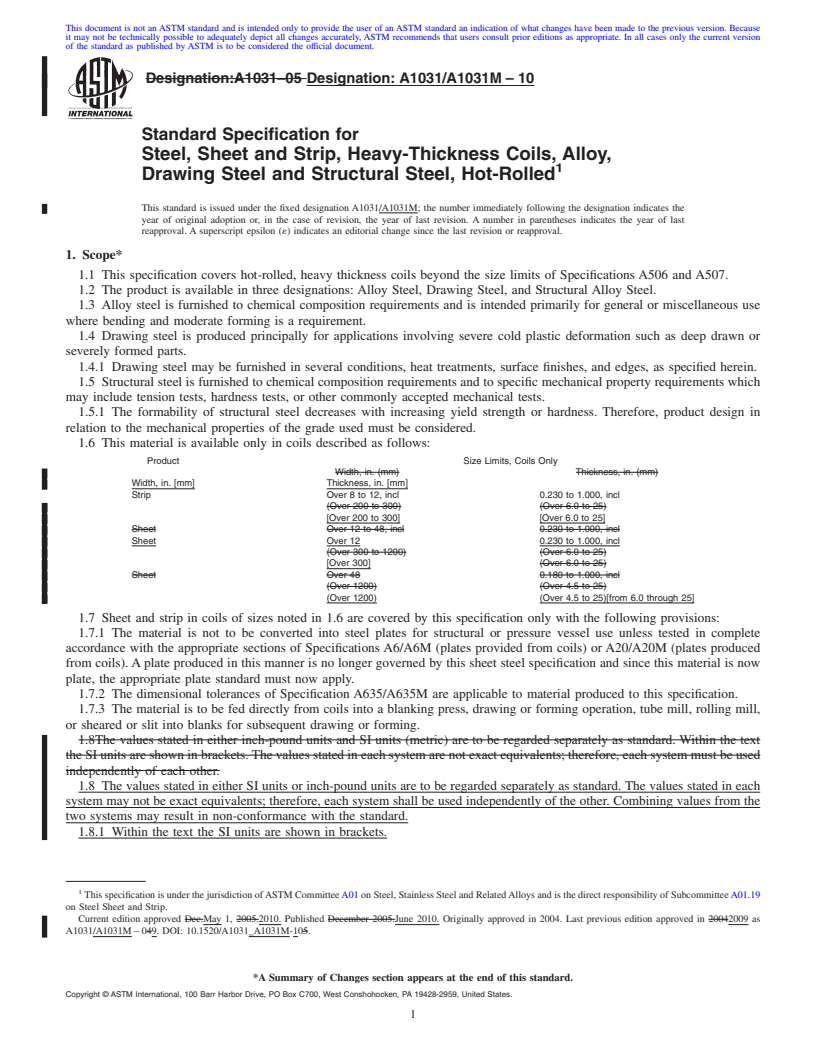 REDLINE ASTM A1031/A1031M-10 - Standard Specification for Steel, Sheet and Strip, Heavy-Thickness Coils, Alloy, Drawing Steel and Structural Steel, Hot-Rolled