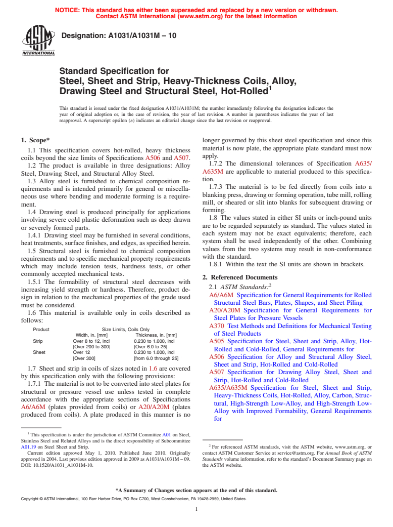 ASTM A1031/A1031M-10 - Standard Specification for Steel, Sheet and Strip, Heavy-Thickness Coils, Alloy, Drawing Steel and Structural Steel, Hot-Rolled