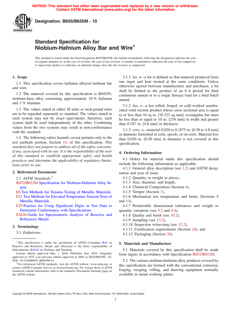 ASTM B655/B655M-10 - Standard Specification for  Niobium-Hafnium Alloy Bar and Wire