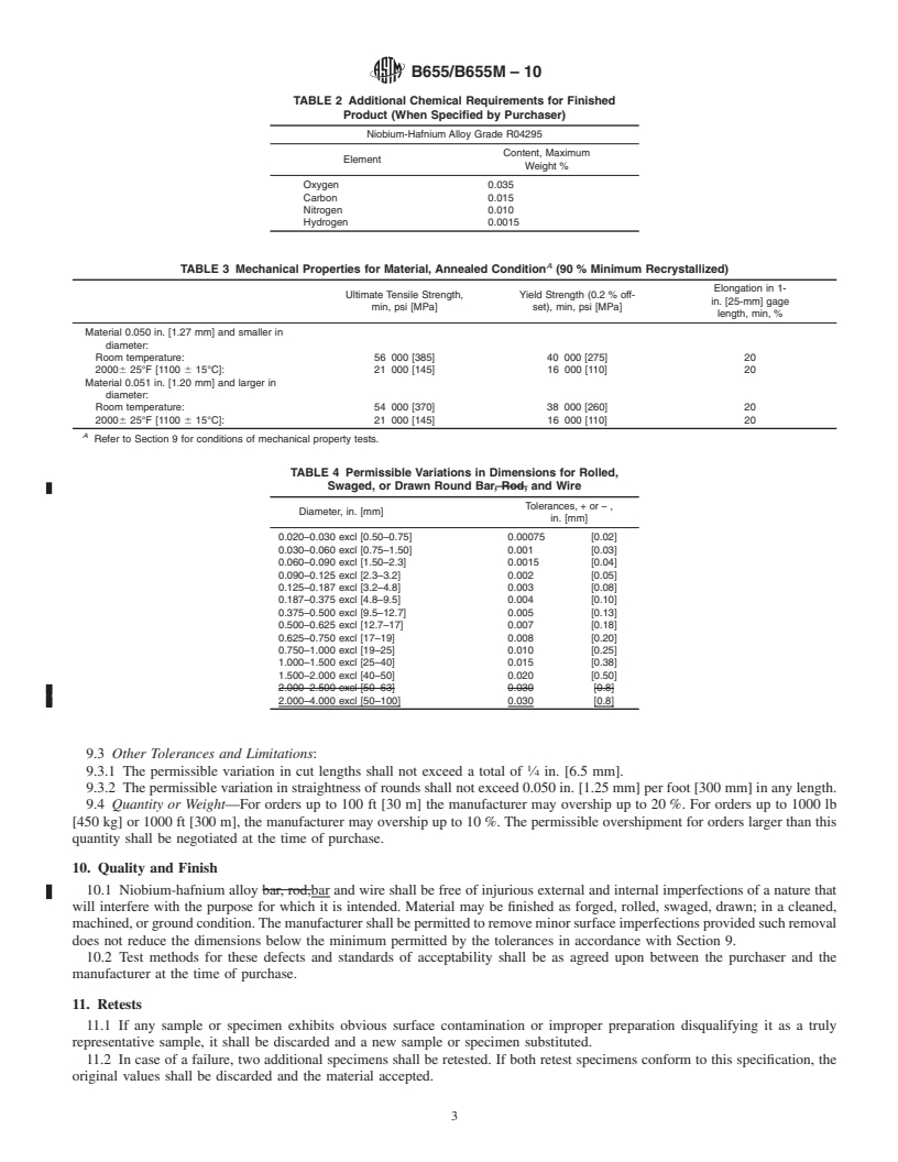 REDLINE ASTM B655/B655M-10 - Standard Specification for  Niobium-Hafnium Alloy Bar and Wire