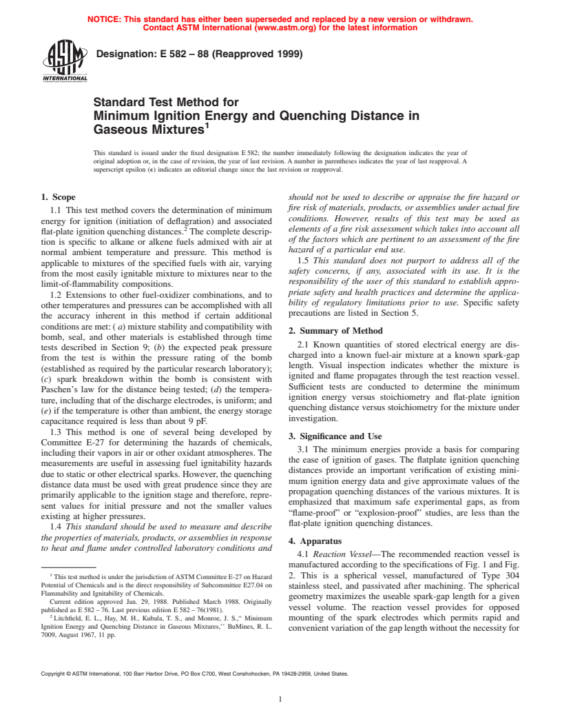 ASTM E582-88(1999) - Standard Test Method for Minimum Ignition Energy and Quenching Distance in Gaseous Mixtures