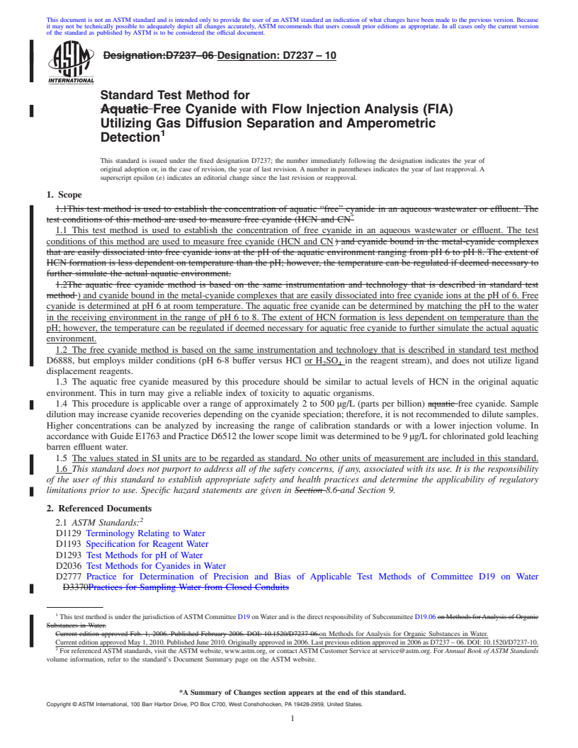 REDLINE ASTM D7237-10 - Standard Test Method for Free Cyanide with Flow Injection Analysis (FIA) Utilizing Gas  Diffusion Separation and Amperometric Detection