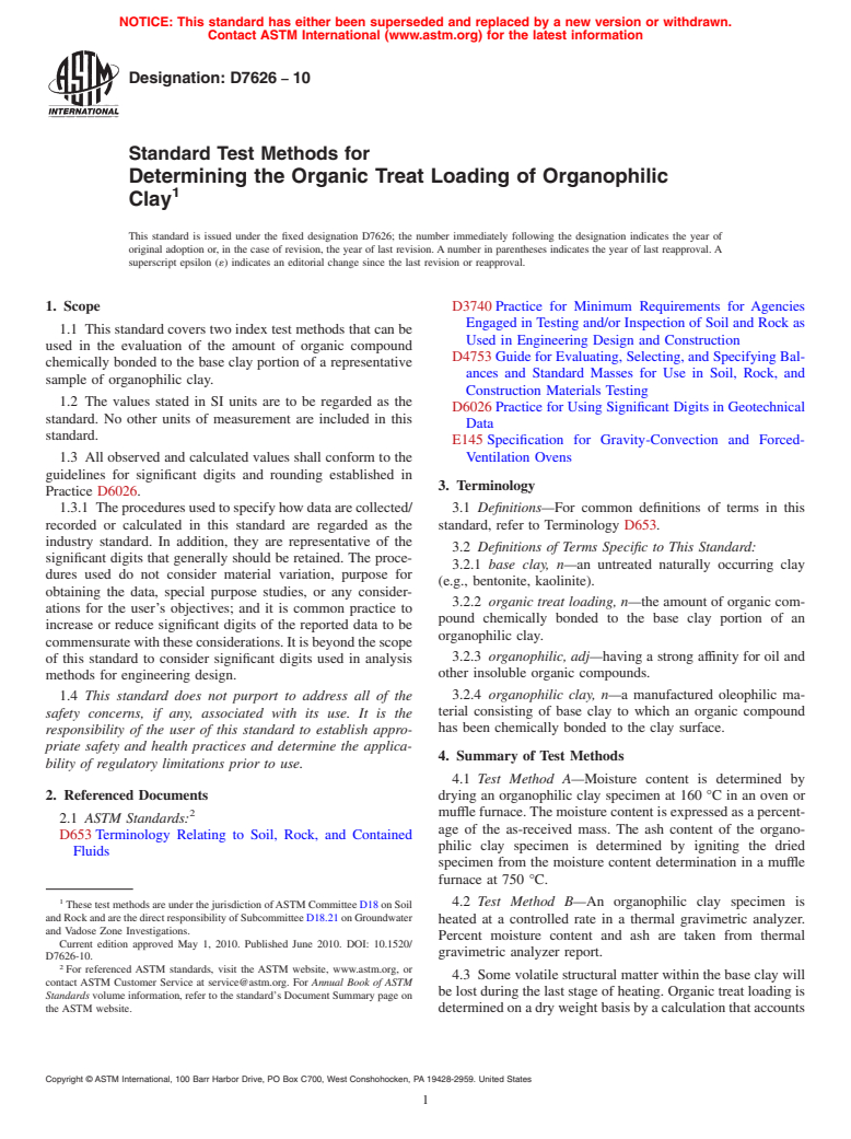 ASTM D7626-10 - Standard Test Methods for Determining the Organic Treat Loading of Organophilic Clay