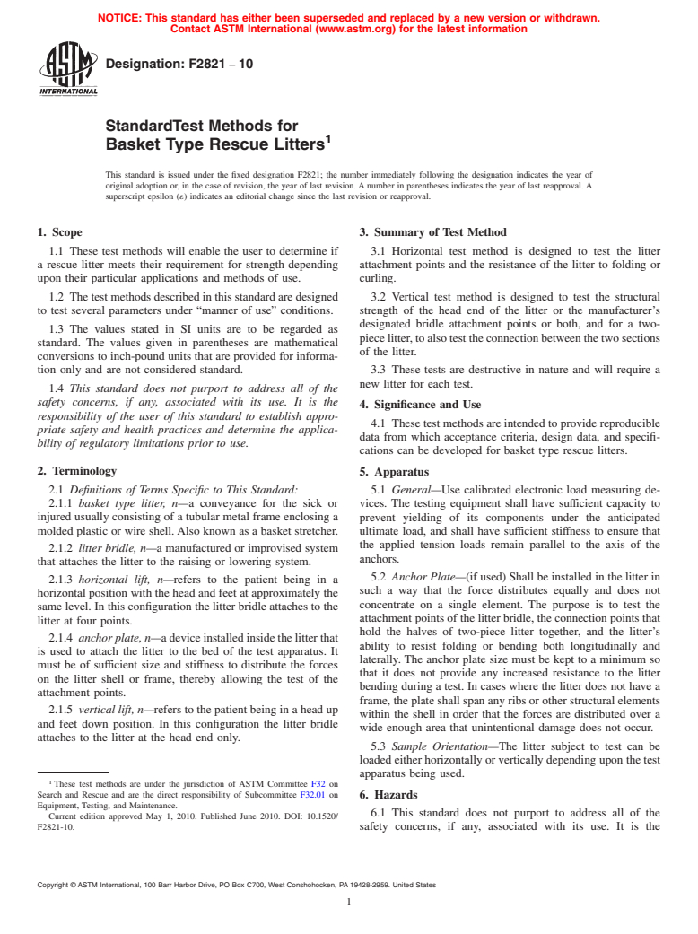 ASTM F2821-10 - Standard Test Methods for Basket Type Rescue Litters