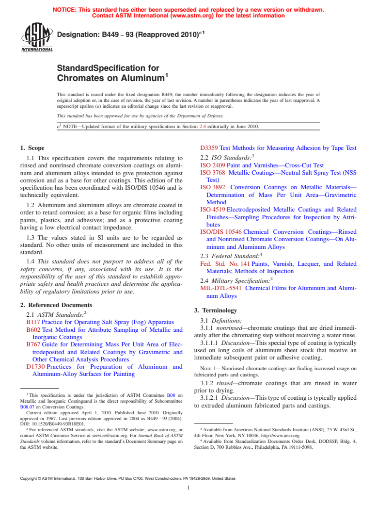 ASTM B449-93(2010)e1 - Standard Specification for Chromates on Aluminum