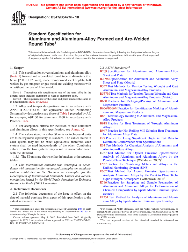 ASTM B547/B547M-10 - Standard Specification for Aluminum and Aluminum-Alloy Formed and Arc-Welded Round Tube (Withdrawn 2019)