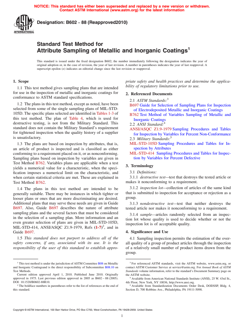 ASTM B602-88(2010) - Standard Test Method for Attribute Sampling of Metallic and Inorganic Coatings