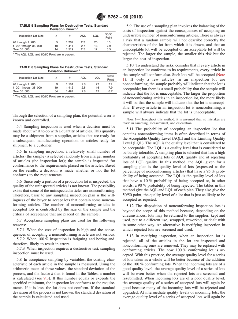 ASTM B762-90(2010) - Standard Test Method of Variables Sampling of Metallic and Inorganic Coatings