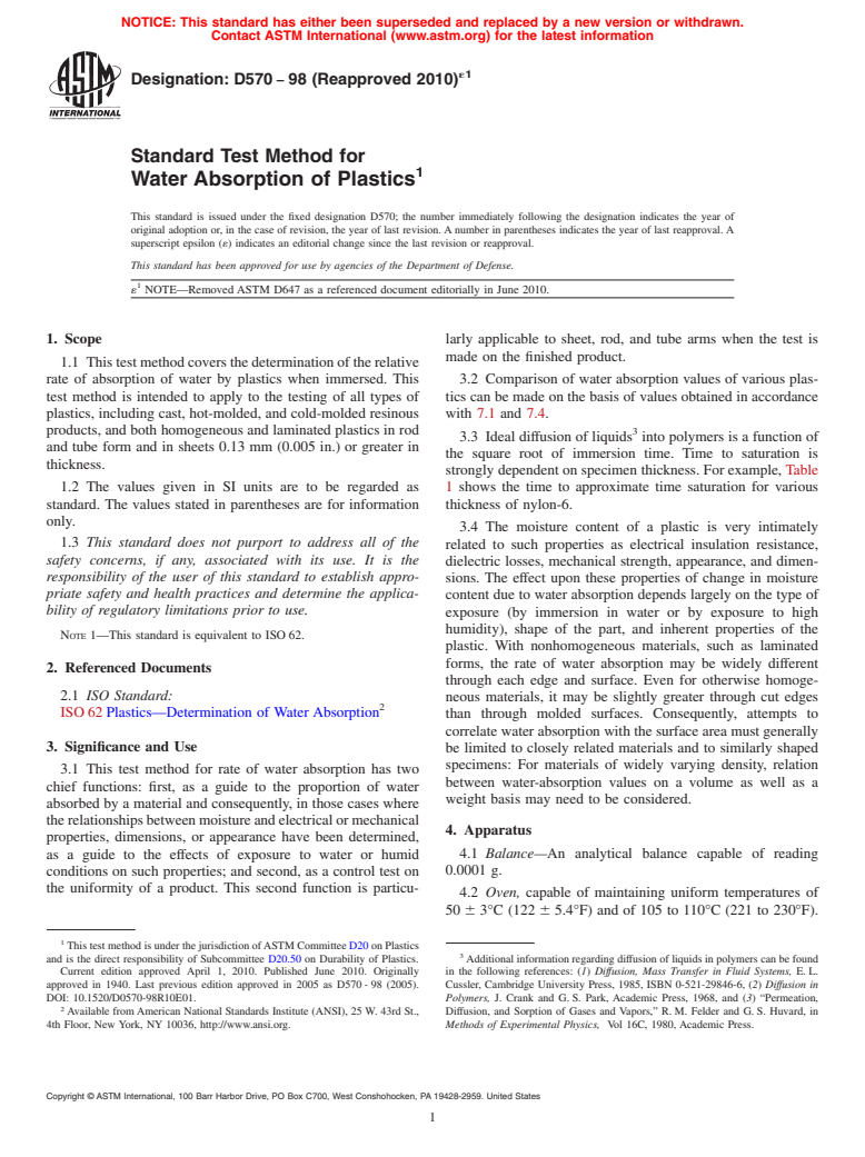 ASTM D570-98(2010)e1 - Standard Test Method for Water Absorption of Plastics