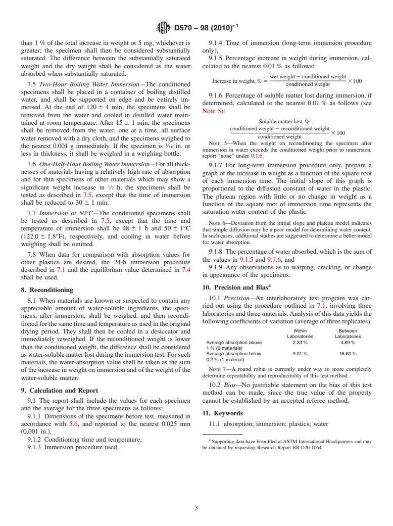 ASTM D570-98(2010)e1 - Standard Test Method for Water Absorption of Plastics