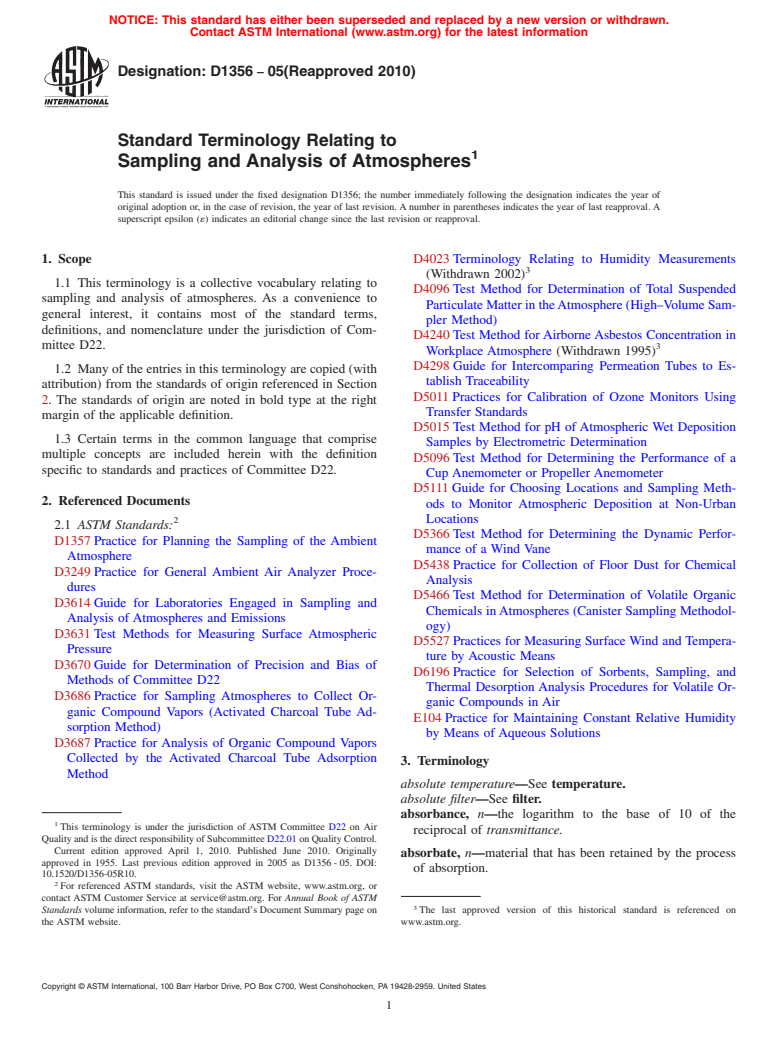 ASTM D1356-05(2010) - Standard Terminology Relating to Sampling and Analysis of Atmospheres