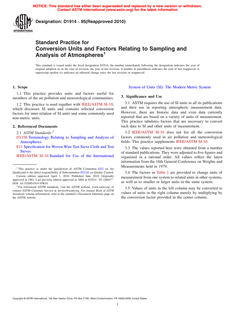 ASTM D1914-95(2010) - Standard Practice for Conversion Units and Factors Relating to Sampling and Analysis of Atmospheres