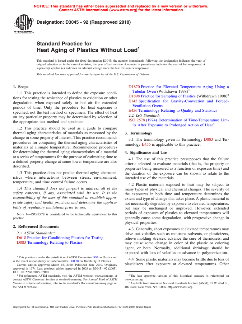 ASTM D3045-92(2010) - Standard Practice for Heat Aging of Plastics Without Load