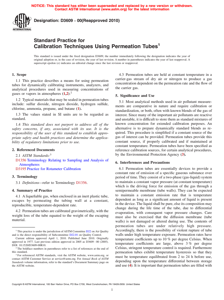 ASTM D3609-00(2010) - Standard Practice for Calibration Techniques Using Permeation Tubes