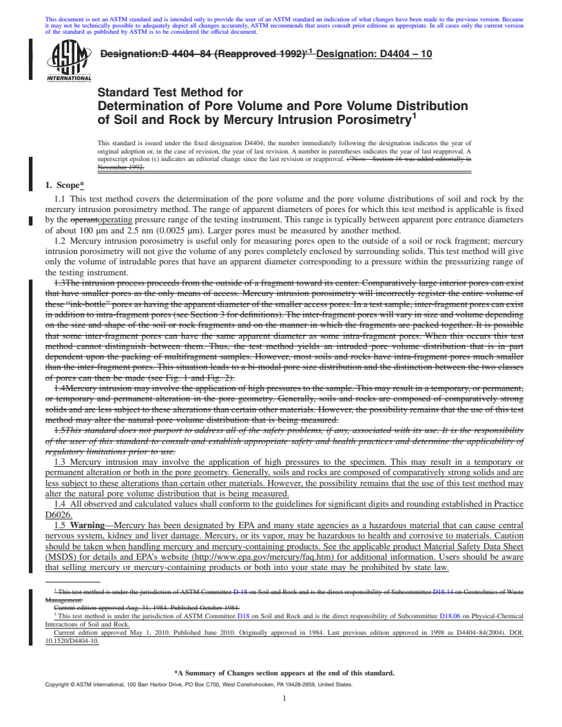 REDLINE ASTM D4404-10 - Standard Test Method for Determination of Pore Volume and Pore Volume Distribution of Soil and Rock by Mercury Intrusion Porosimetry