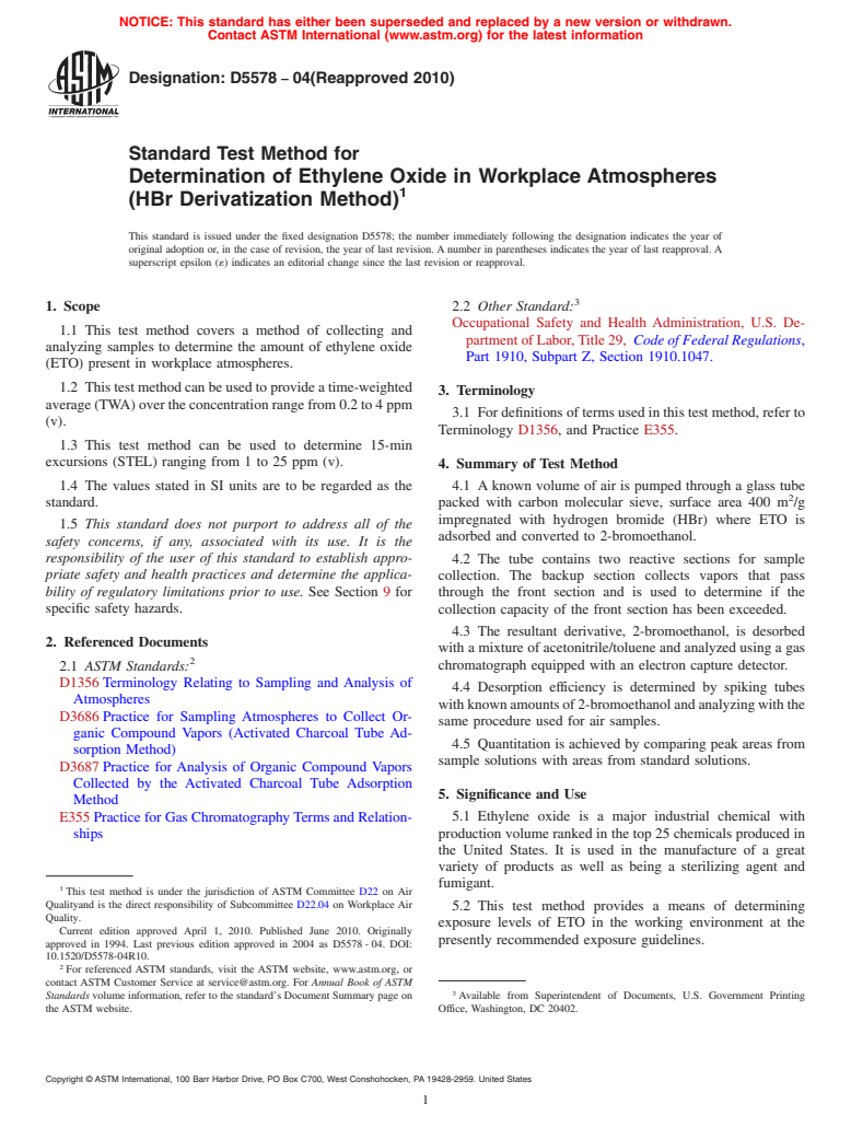 ASTM D5578-04(2010) - Standard Test Method for Determination of Ethylene Oxide in Workplace Atmospheres (HBr Derivatization Method)