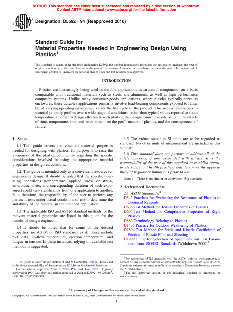 ASTM D5592-94(2010) - Standard Guide for Material Properties Needed in Engineering Design Using Plastics