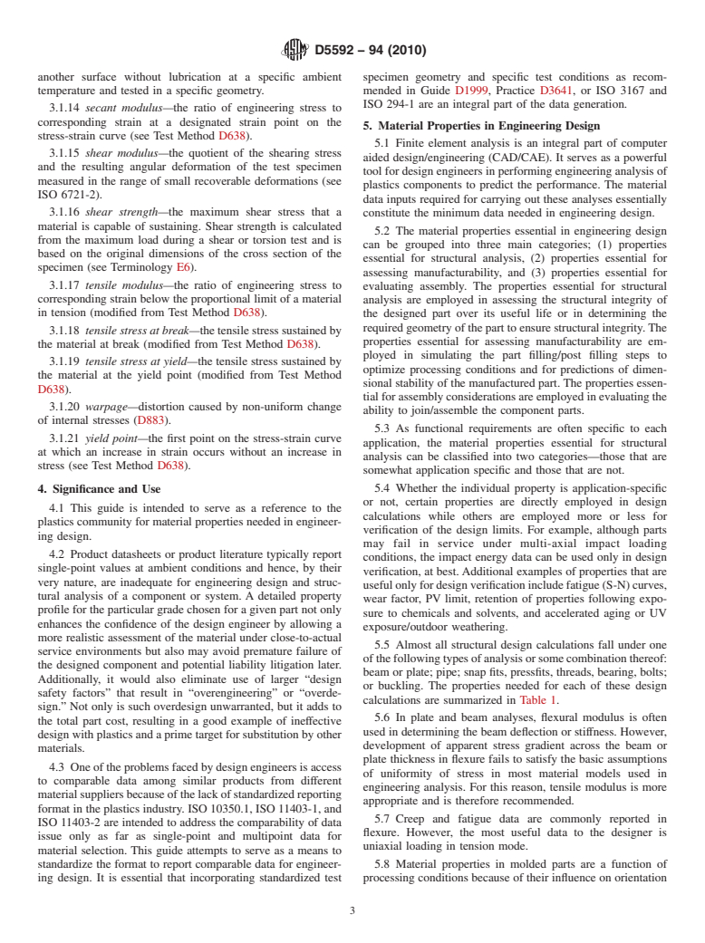 ASTM D5592-94(2010) - Standard Guide for Material Properties Needed in Engineering Design Using Plastics