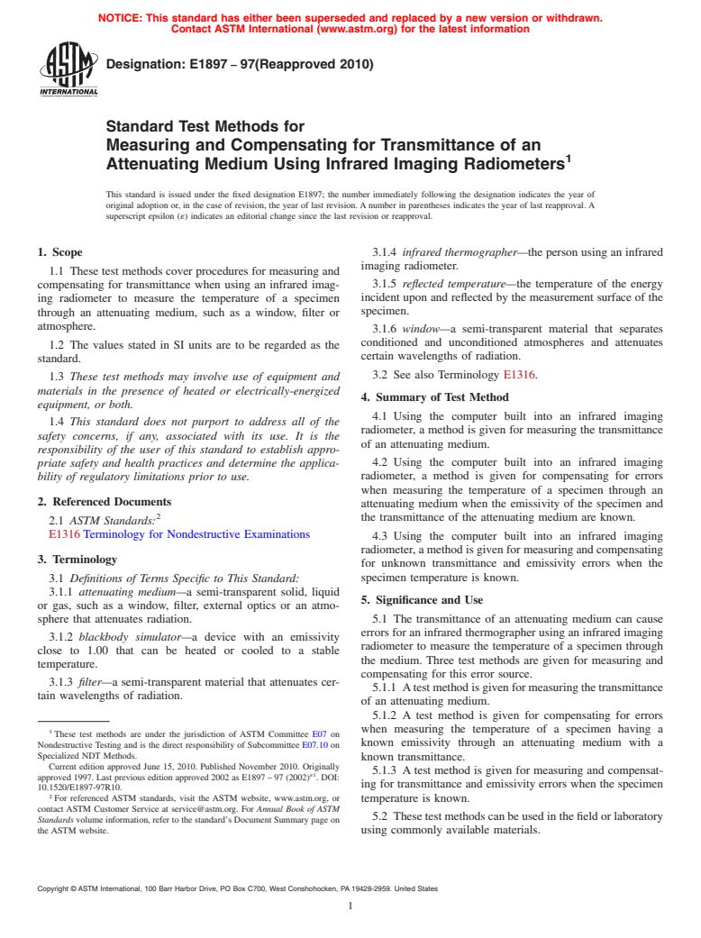 ASTM E1897-97(2010) - Standard Test Methods for Measuring and Compensating for Transmittance of an Attenuating Medium Using Infrared Imaging Radiometers