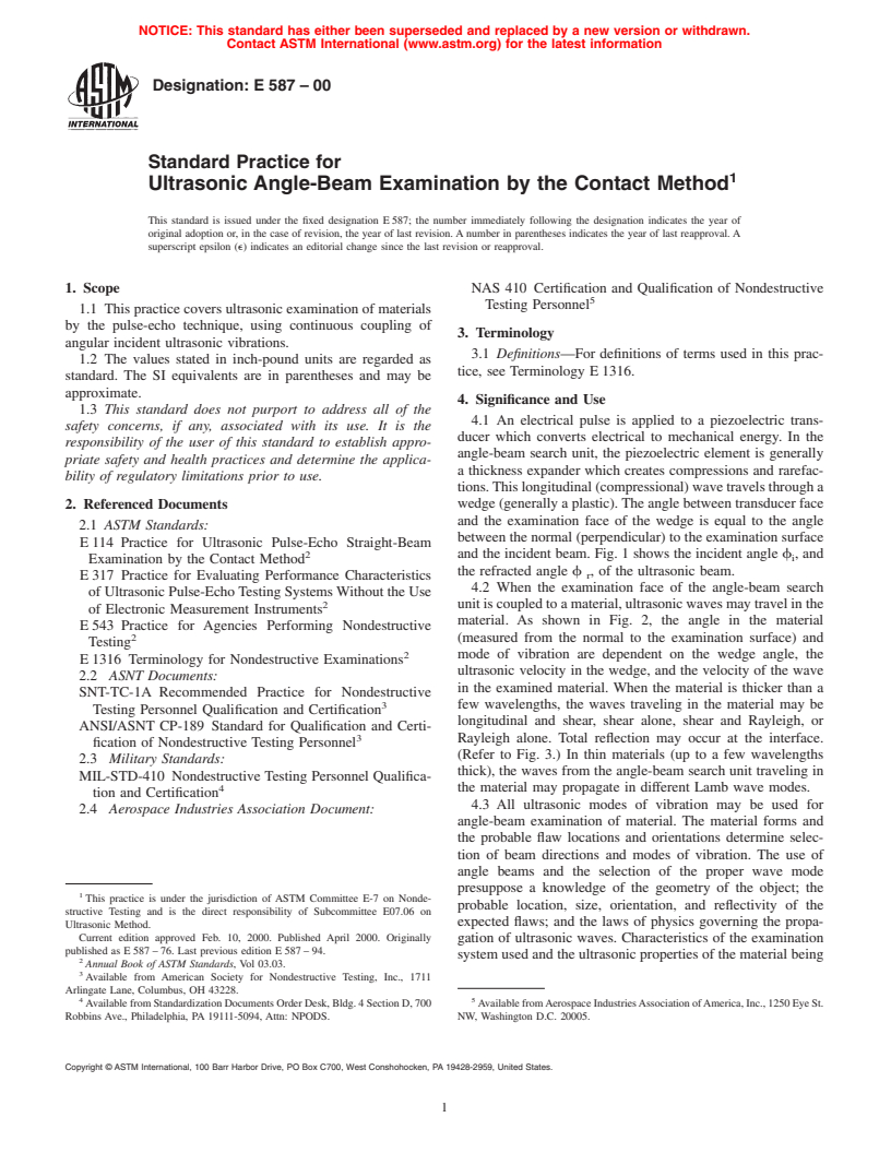 ASTM E587-00 - Standard Practice for Ultrasonic Angle-Beam Examination by the Contact Method