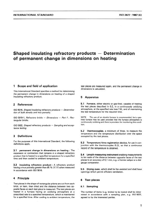 ISO 2477:1987 - Shaped insulating refractory products -- Determination of permanent change in dimensions on heating