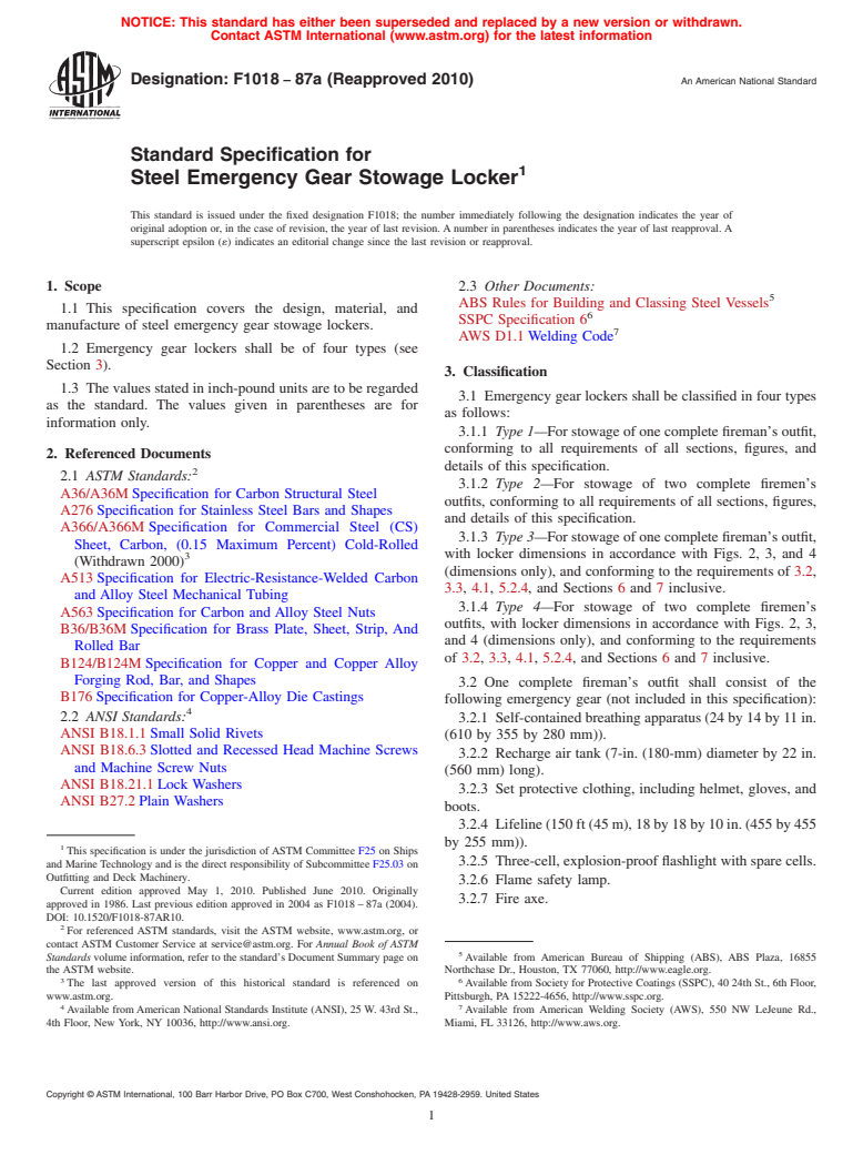 ASTM F1018-87a(2010) - Standard Specification for Steel Emergency Gear Stowage Locker