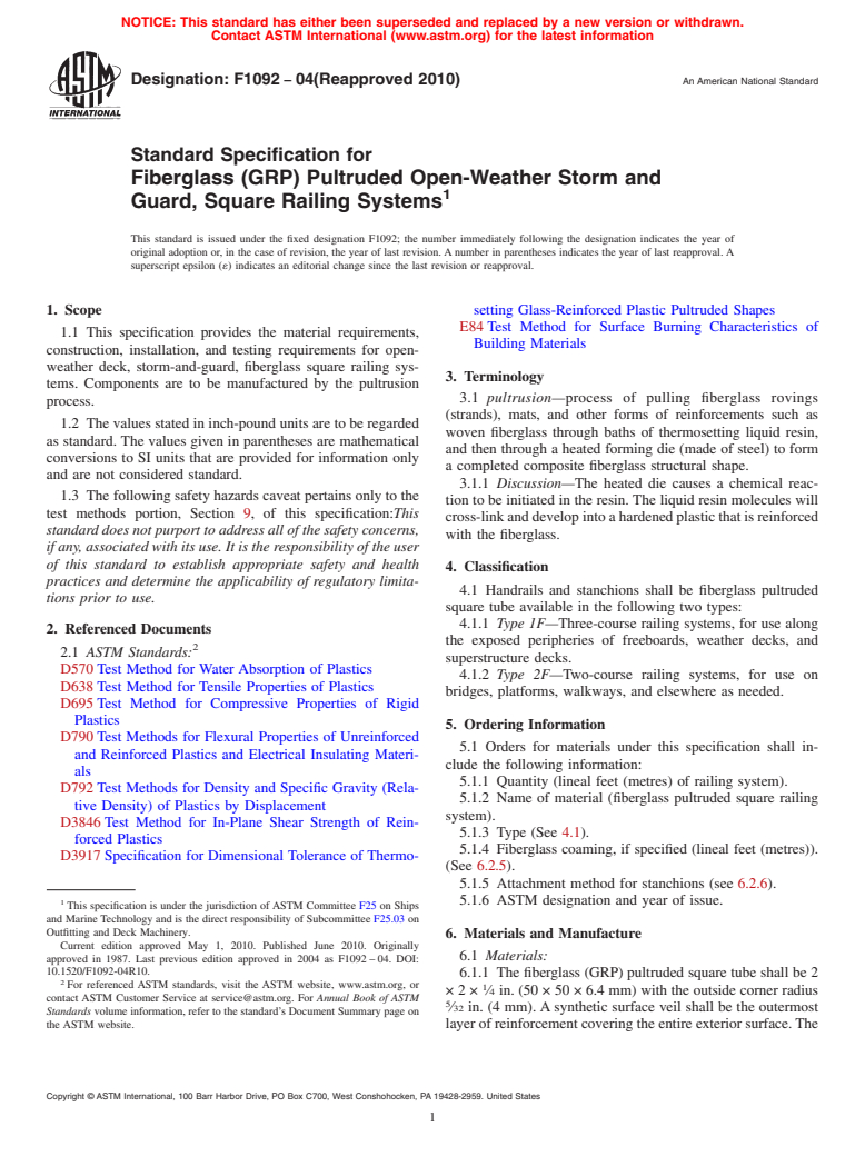 ASTM F1092-04(2010) - Standard Specification for Fiberglass (GRP) Pultruded Open-Weather Storm and Guard, Square Railing Systems